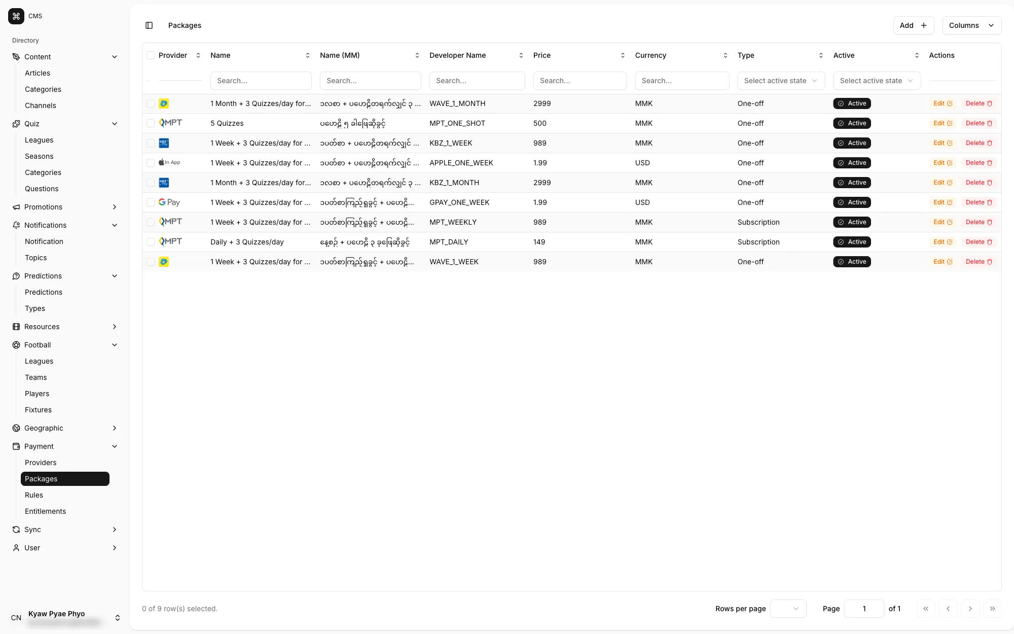 Multi-payment packages