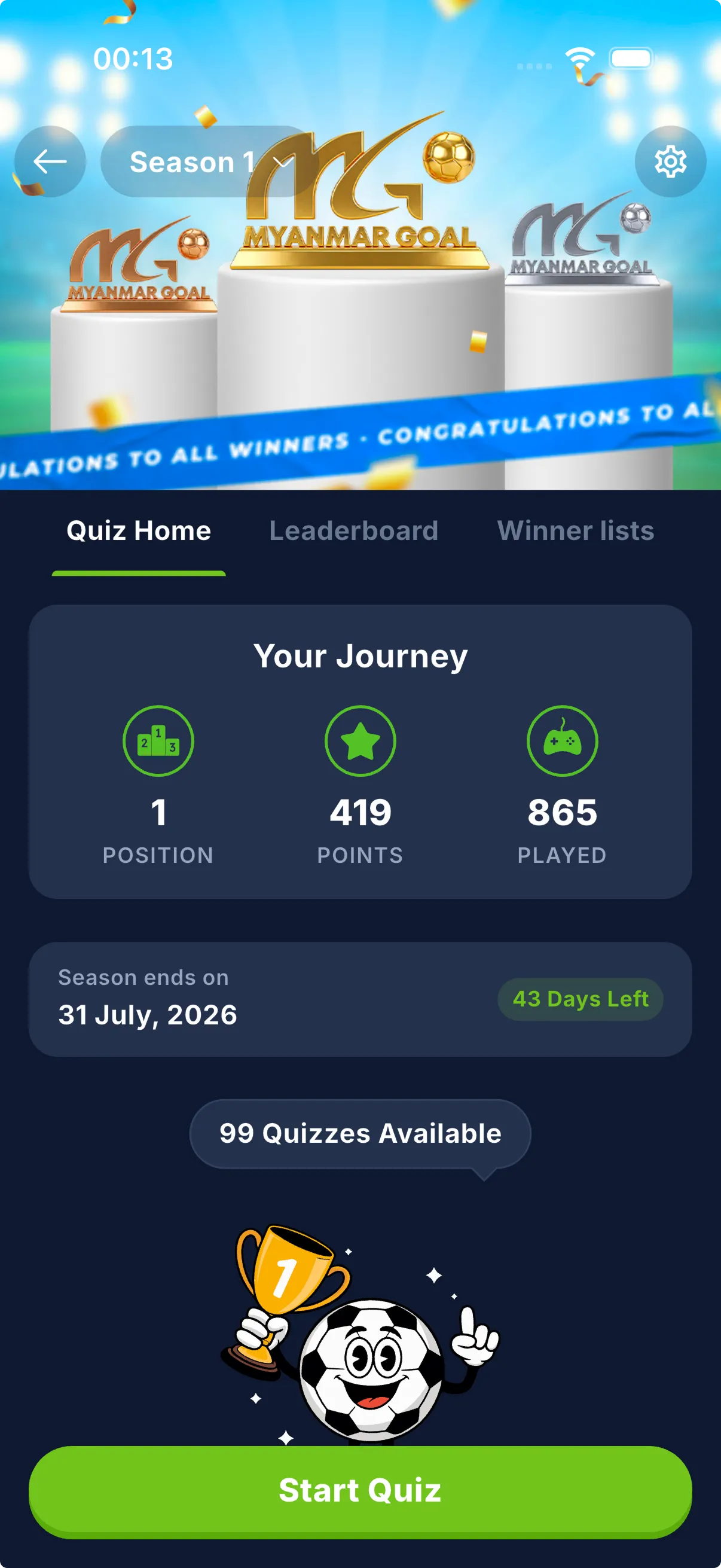 Quiz home with your season journey and points