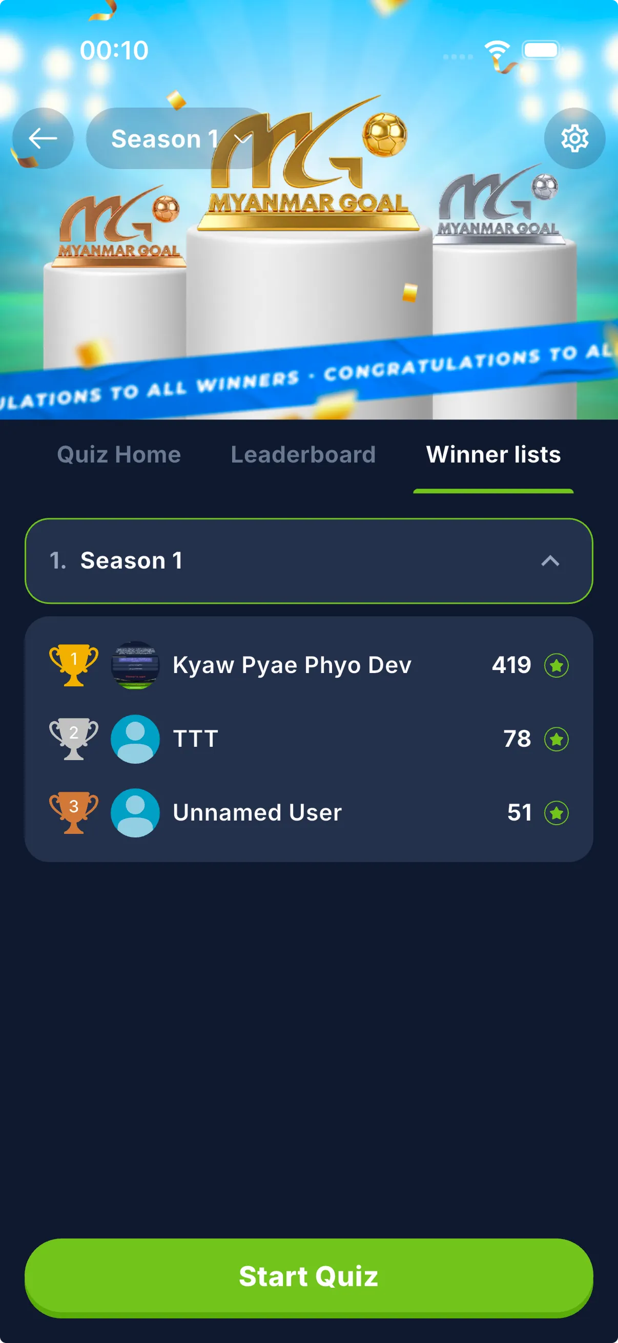 Season winners with the top three players and trophies